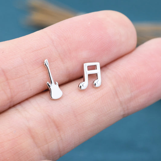 Mismatched Electric Guitar and Music Note Stud Earrings in Sterling Silver, Asymmetric Guitar and Music Fun Earrings