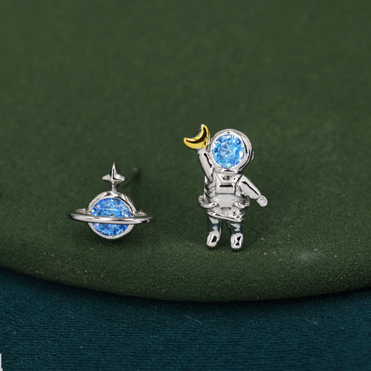 Mismatched Astronaut and Planet  Stud Earrings in Sterling Silver, Asymmetric Planet and Spaceman Earrings with Blue CZ, Cute and Fun