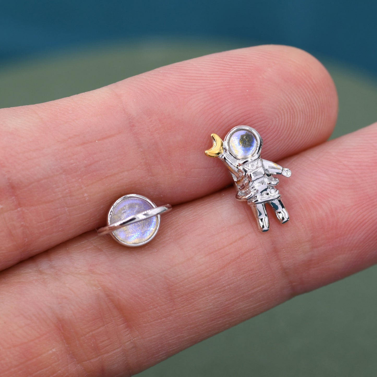 Mismatched Astronaut and Planet  Stud Earrings in Sterling Silver, Asymmetric Planet and Spaceman Earrings with Moonstone, Cute and Fun