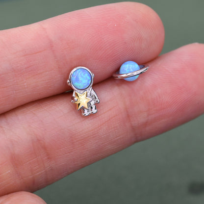 Mismatched Astronaut and Planet Stud Earrings in Sterling Silver, Asymmetric Planet and Spaceman Earrings with Blue Opal, Cute and Fun