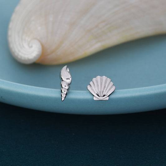 Mismatched Tiny Seashell Stud Earrings in Sterling Silver, Asymmetric Shell Earrings