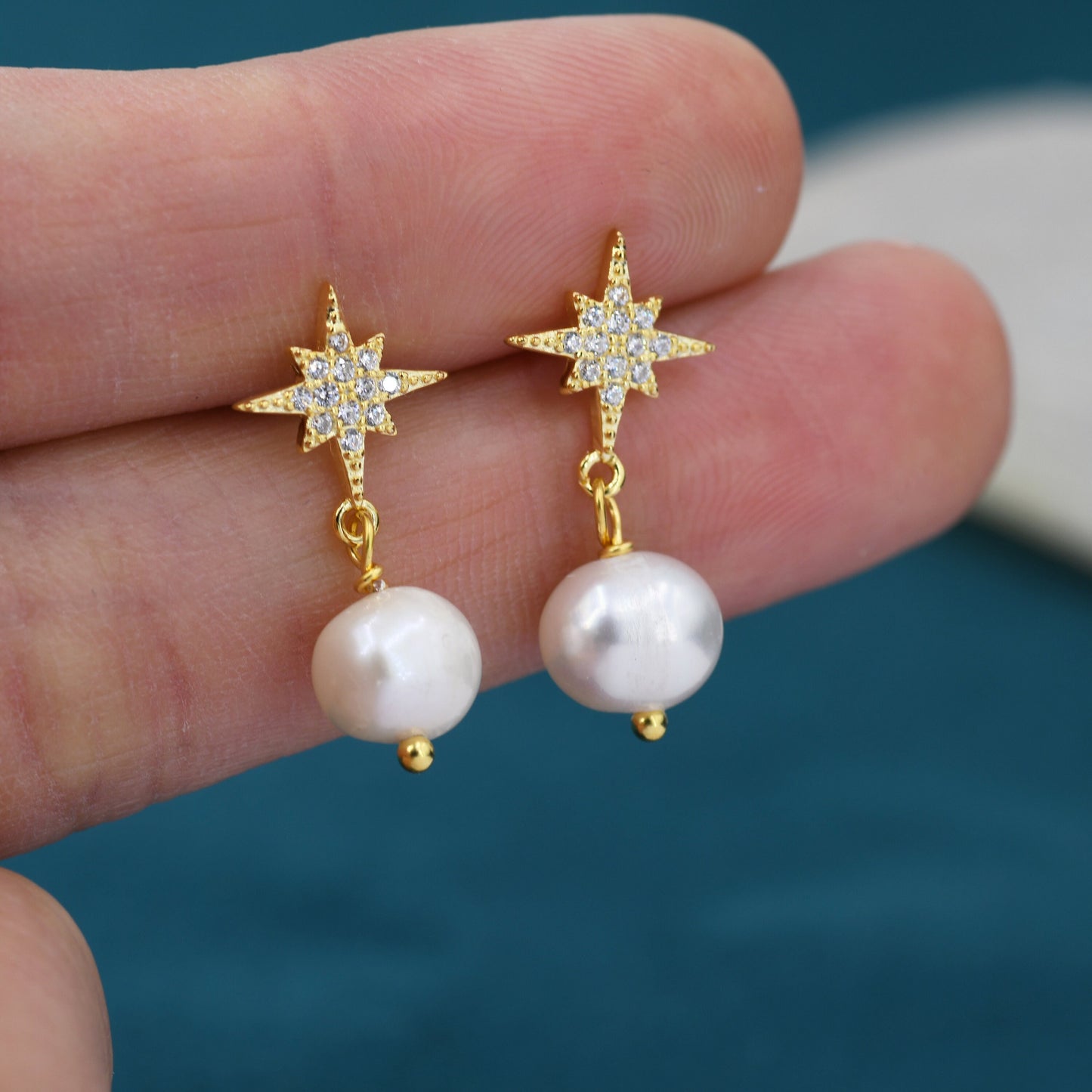 Starburst Star with Dangling Baroque Pearl Drop Earrings in Sterling Silver, Silver or Gold, Keshi Pearl Earrings,