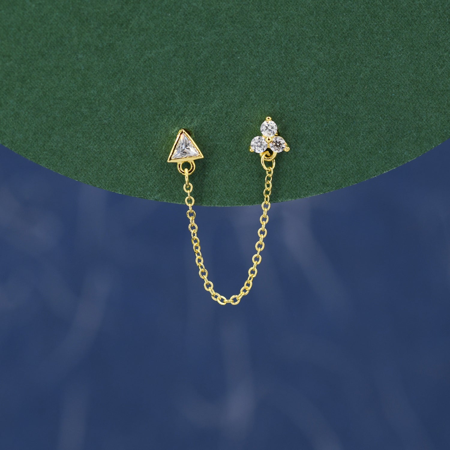 Sterling Silver Chained Earrings for Multiple Piercings, Silver or Gold, Trinity Three CZ Dot Earrings and Triangle Chain Earrings