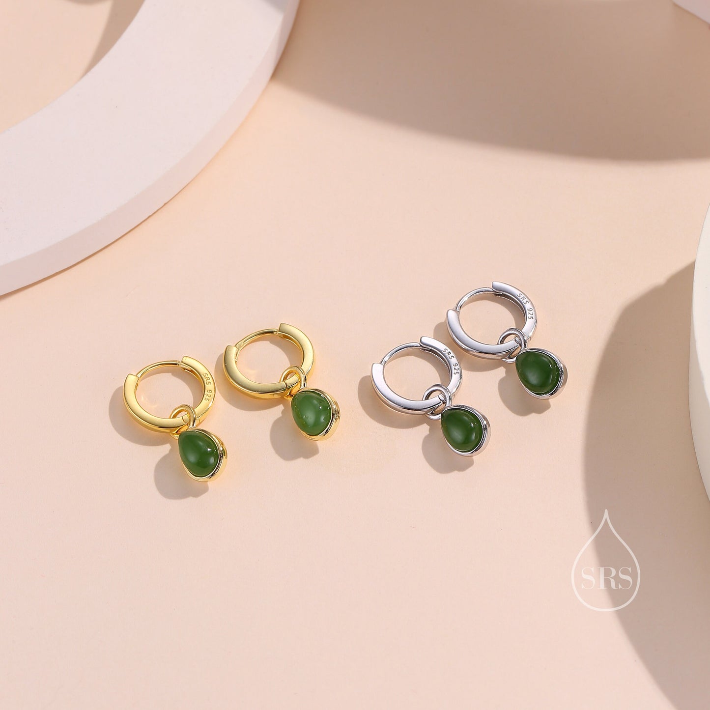 Sterling Silver Dangling Jade Droplet Hoop Earrings, Detachable Genuine Green Jade Charm Dangle Hoop Earrings, Silver or Gold,