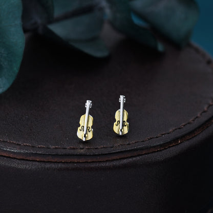Tiny Violin Stud Earrings in Sterling Silver, Silver or Gold, Music Earrings