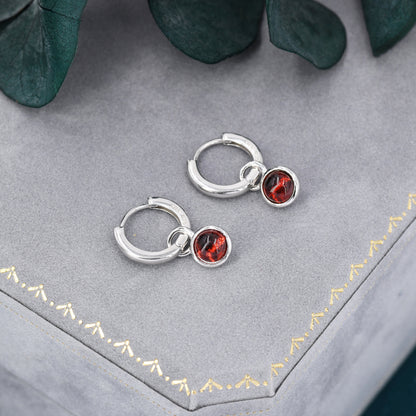 Sterling Silver Dangling Red Garnet Hoop Earrings, Detachable Genuine Garnet Coin Dangle Hoop Earrings, Silver, Interchangeable