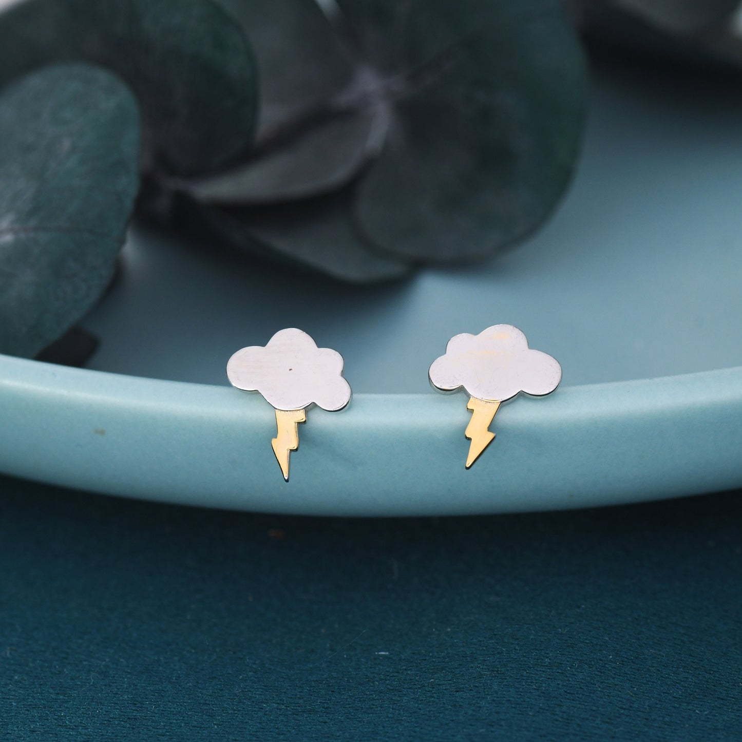 Dainty Little Cloud and Lightening Bolt Stud Earrings in Sterling Silver - Two Tone Gold and Silver Earrings -  Fun, Whimsical