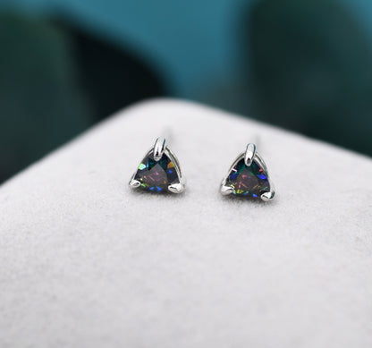 Trillion Cut Mystic Black CZ Stud Earrings in Sterling Silver, Silver or Gold, Cubic Zirconia Crystal Earrings