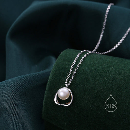 Genuine Freshwater Pearl and Mobius Circle Pendant Necklace in Sterling Silver, Silver or Gold or Rose Gold,  Delicate Keshi Pearl Halo