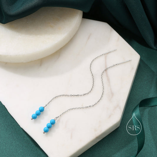 Genuine Blue Turquoise Gemstone Ear Threaders in Sterling Silver, Three Beads Threader Earrings, Ear Jacket, Blue Turquoise Earrings