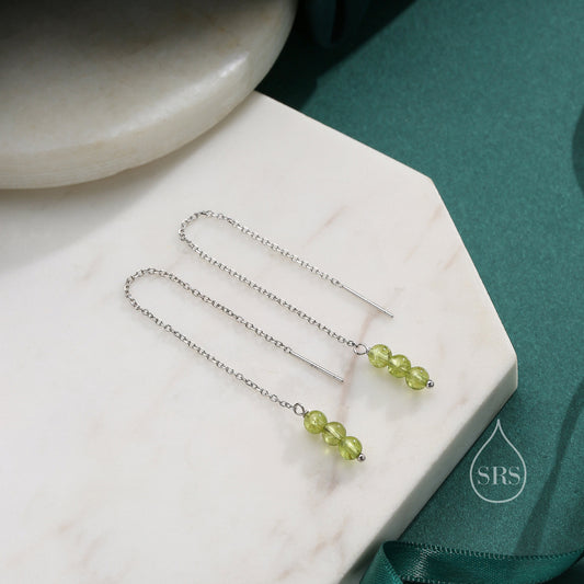 Genuine Peridot Threaders in Sterling Silver, Three Beads Threader Earrings, Ear Jacket, Green Peridot Earrings