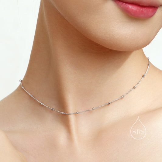 Minimalist Bead Motif Necklace in Sterling Silver, Various Lengths, Silver or Gold or Rose Gold, Bead Choker Necklace