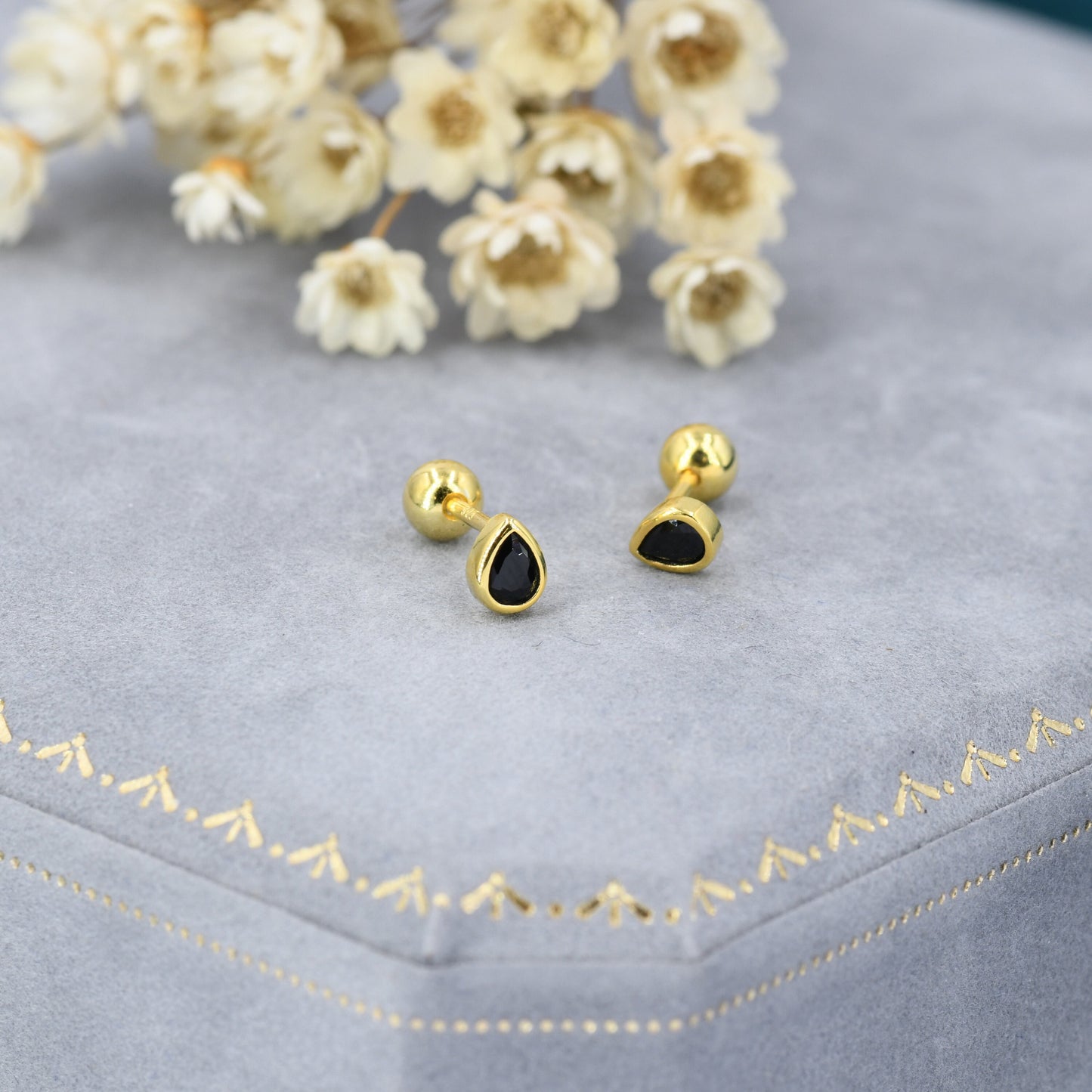 Extra Tiny Black CZ Droplet Screw Back Earrings in Sterling Silver, Silver or Gold, Black CZ Screwback Earrings, Barbell