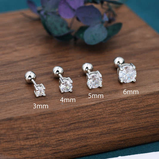 CZ Crystal Screw Back Earrings in Sterling Silver, Available in 3mm 4mm 5mm 6mm, Brilliant Cut CZ Earrings, Four Prong, Silver or Gold
