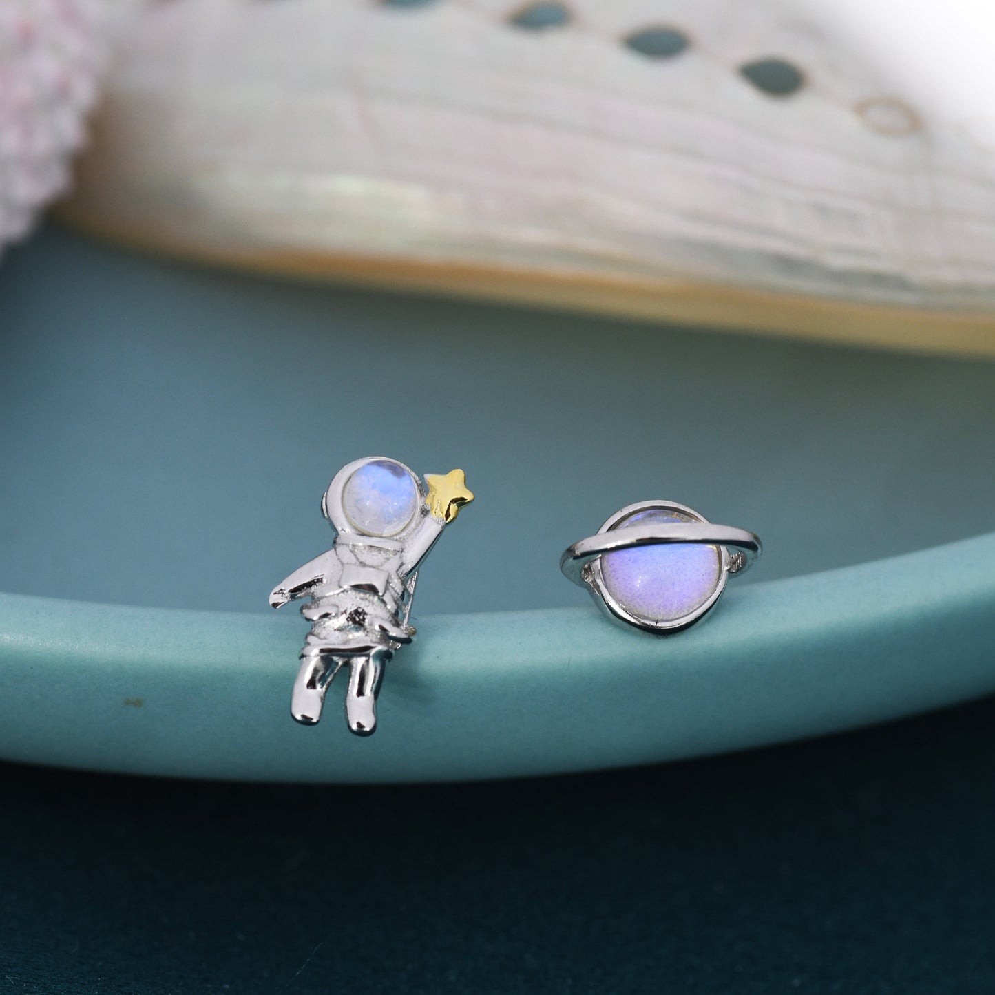 Mismatched Astronaut and Planet  Stud Earrings in Sterling Silver, Asymmetric Planet and Spaceman Earrings with Moonstone, Cute and Fun