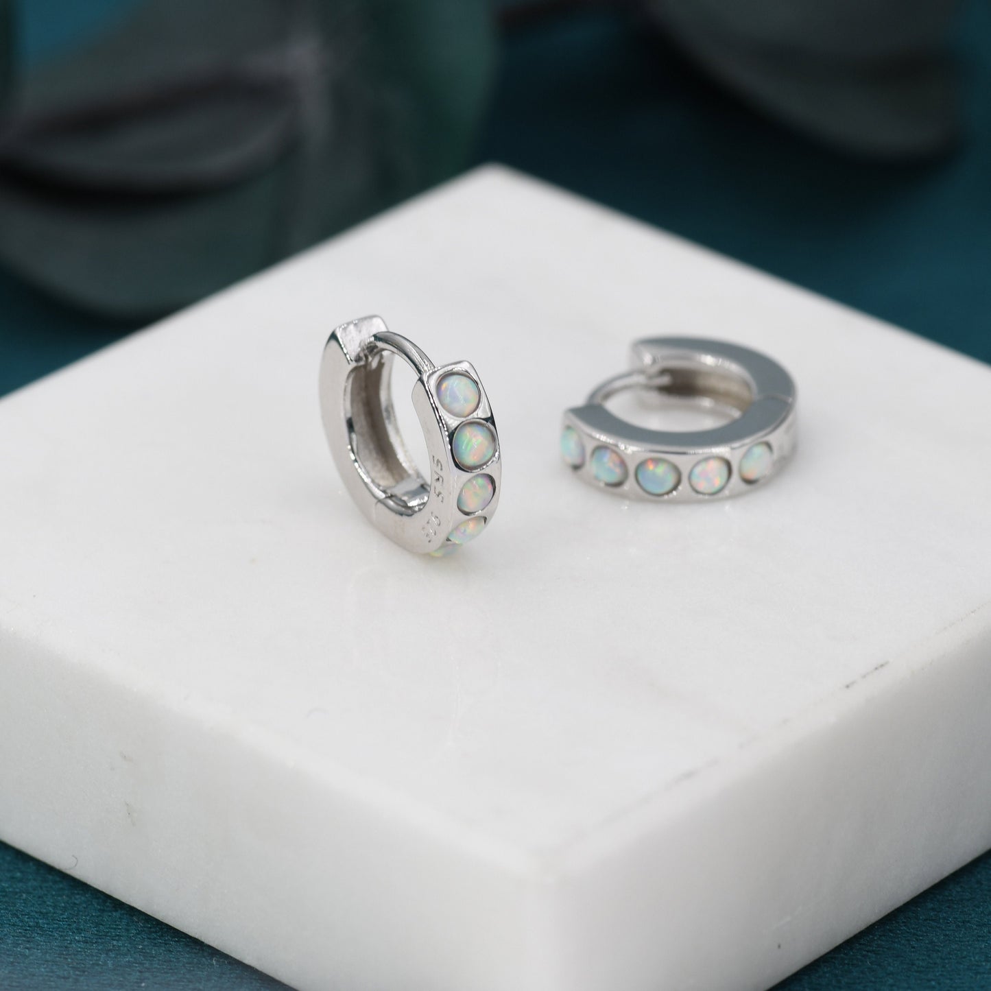 Sterling Silver Opal Huggie Hoop Earrings, Blue and White Opal, Minimalist Geometric Hoop Earrings
