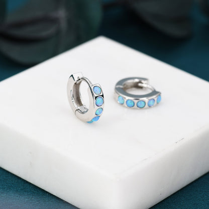 Sterling Silver Opal Huggie Hoop Earrings, Gold Hoop, Blue and White Opal, Minimalist Geometric Hoop Earrings