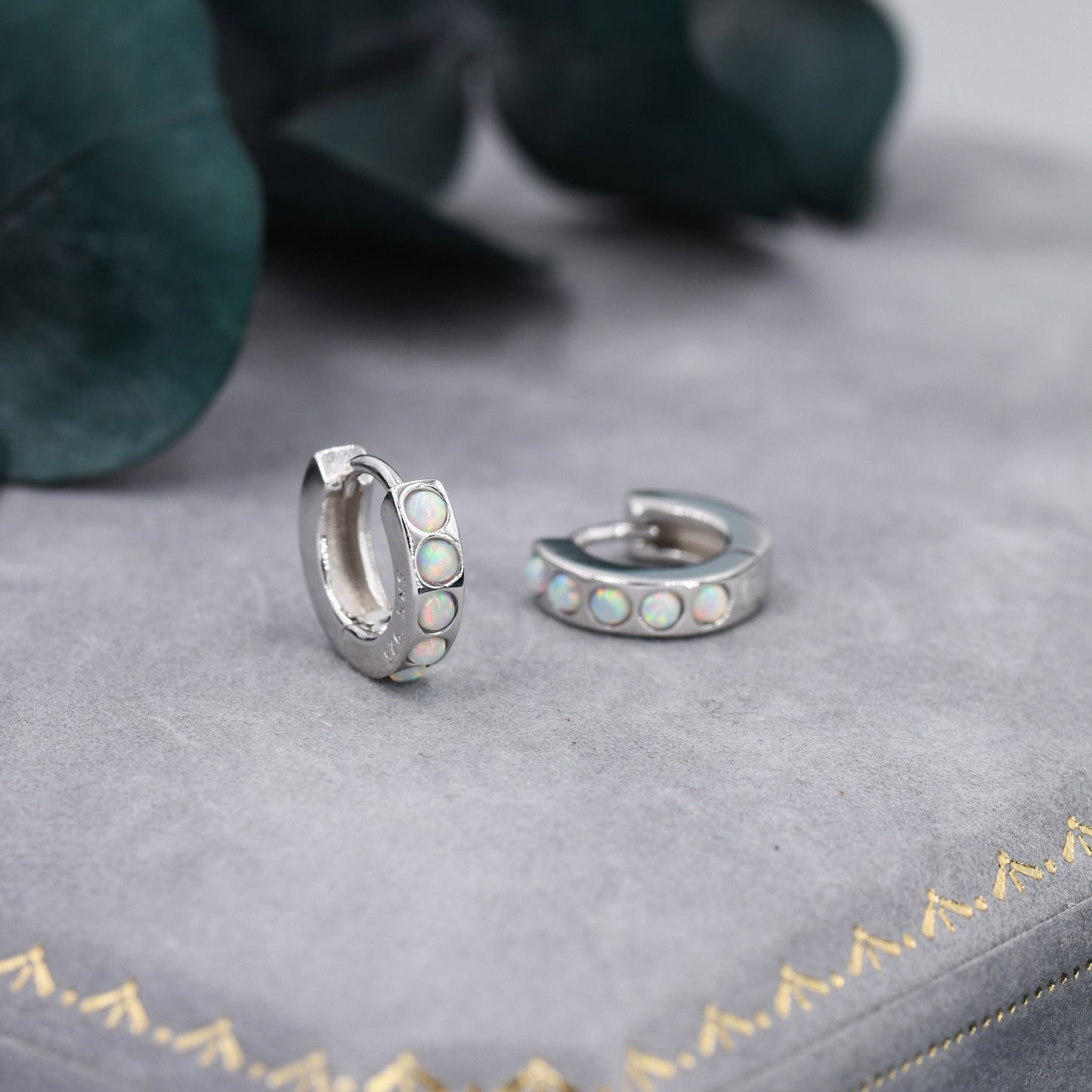 Sterling Silver Opal Huggie Hoop Earrings, Gold Hoop, Blue and White Opal, Minimalist Geometric Hoop Earrings