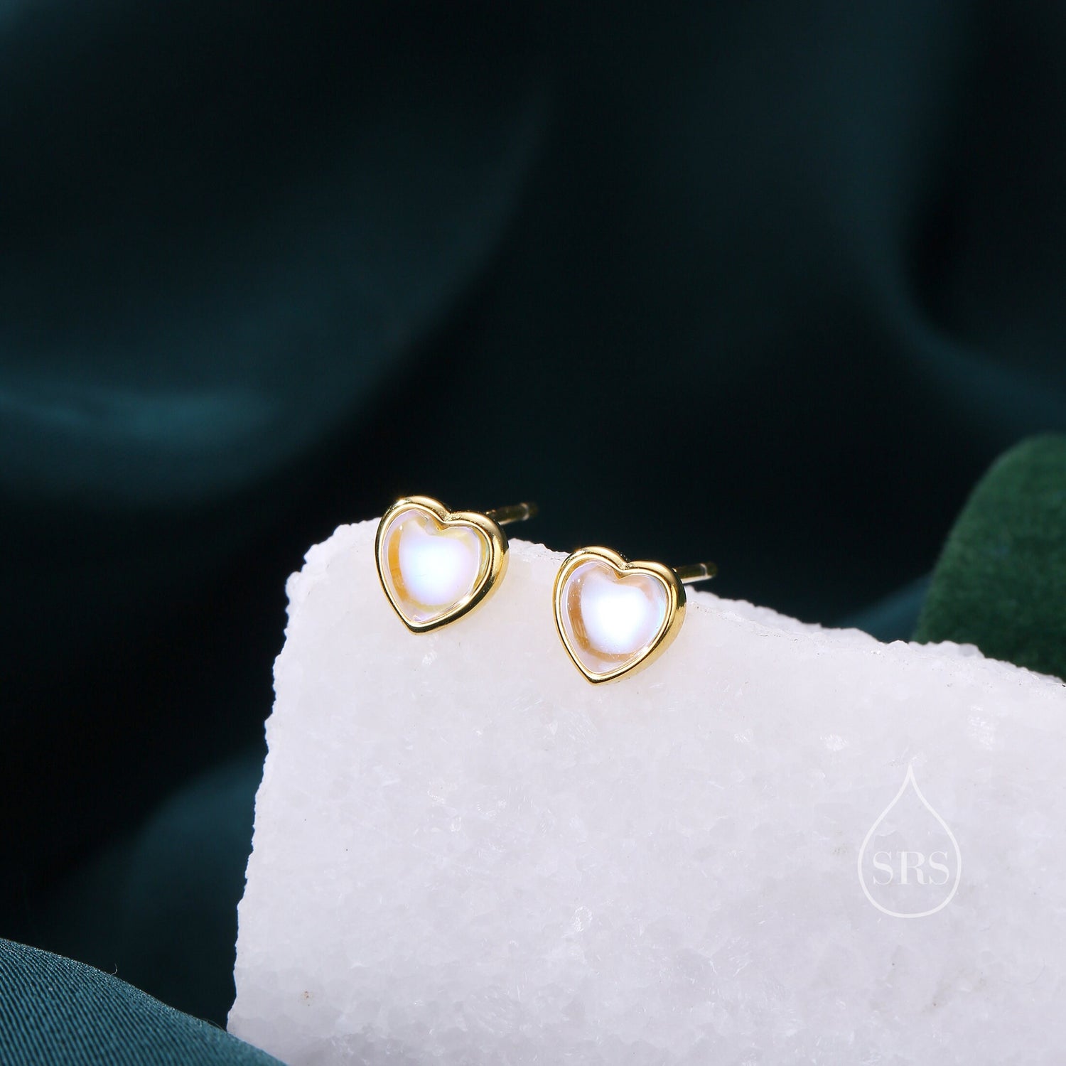 Moonstone Heart Stud Earrings in Sterling Silver, Opal Heart Earrings, Silver or Gold,  Heart Earrings, Moonstone Earrings