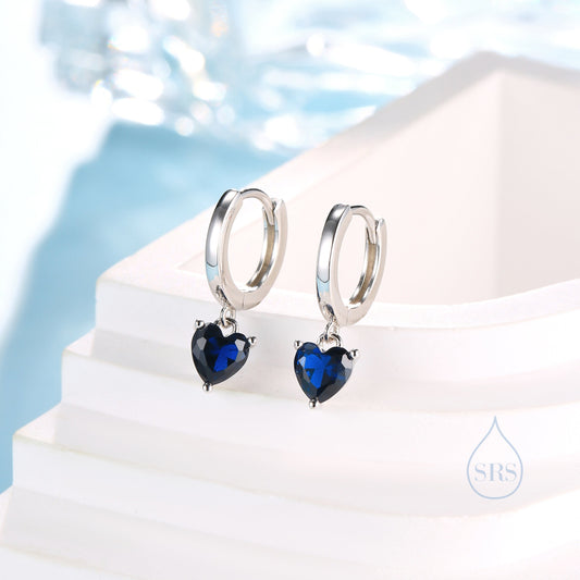 Sapphire Blue Heart CZ Huggie Hoop in Sterling Silver, Silver or Gold, 8mm Inner Diameter, Stacking Earrings, September Birthstone