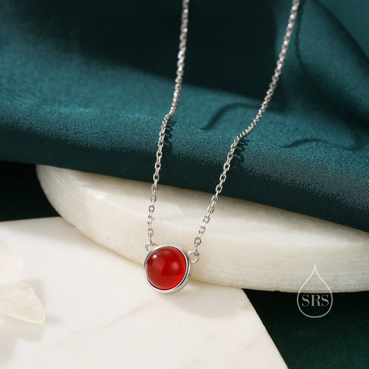 Sterling Silver Genuine Red Onyx Dainty Coin Pendant Necklace - Delicate Red Chalcedony Stone Coin Necklace, January Birthstone