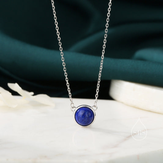 Sterling Silver Genuine Lapis Lazuli Dainty Coin Pendant Necklace - Delicate Lapis Lazuli Stone Coin Necklace