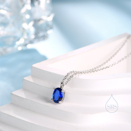 Sapphire Blue Oval CZ Pendant Necklace  in Sterling Silver, Silver or Gold, Oval Cut CZ Necklace, September Birthstone