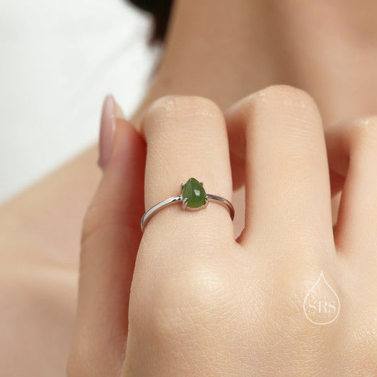 Natural Jasper Jade Droplet Ring in Sterling Silver,  4x6mm, Prong Set Pear Cut, Adjustable Size, Genuine Jade Ring
