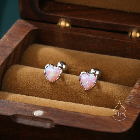 Pink Opal Heart Screw Back Earrings in Sterling Silver, Opal Heart Earrings, Silver or Gold,  Heart Earrings, Fire Opal Earrings