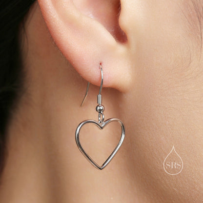 Heart Dangle Drop Hook Earrings in Sterling Silver, Silver or Gold or Rose Gold, Skinny Heart Earrings, Cut Out Heart Earrings, Hollow Heart