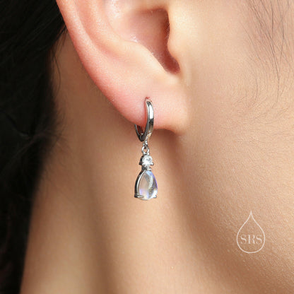Moonstone Droplet and CZ Huggie Hoop Earrings in Sterling Silver,  Simulated Moonstone Hoops, Silver or Gold