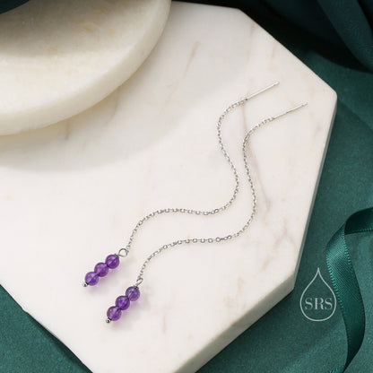 Genuine Amethyst Gemstone Ear Threaders in Sterling Silver, Three Beads Threader Earrings, Ear Jacket, Purple Amethyst Crystal Earrings