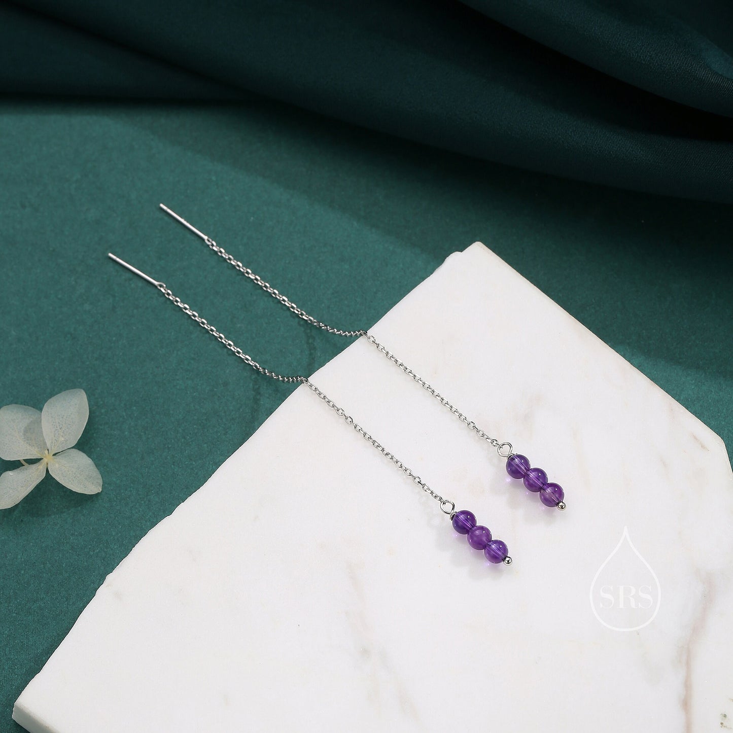 Genuine Amethyst Gemstone Ear Threaders in Sterling Silver, Three Beads Threader Earrings, Ear Jacket, Purple Amethyst Crystal Earrings