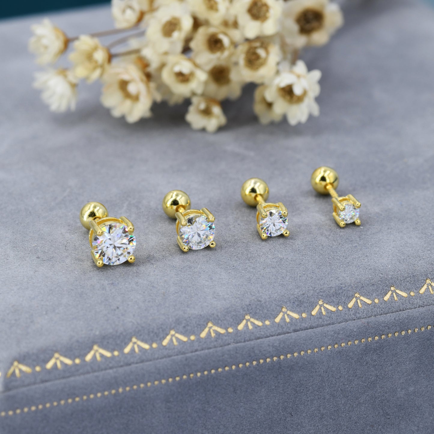 Moissanite  Earrings in Sterling Silver, Silver or Gold, Butterfly Backs or Screw Backs, Available in 3mm, 4mm, 5mm 6mm, Four Prong Set