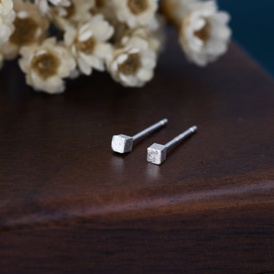 Extra Tiny Cube Stud Earrings in Sterling Silver, Brushed Finish, Delicate Geometric Cube Earrings, Square Earrings