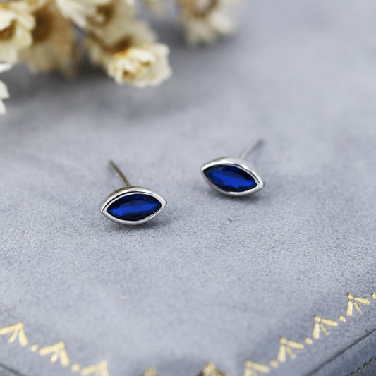Sapphire Blue Marquise Stud Earrings in Sterling Silver, 3x6mm Simulated Sapphire, Silver or Gold, September Birthstone