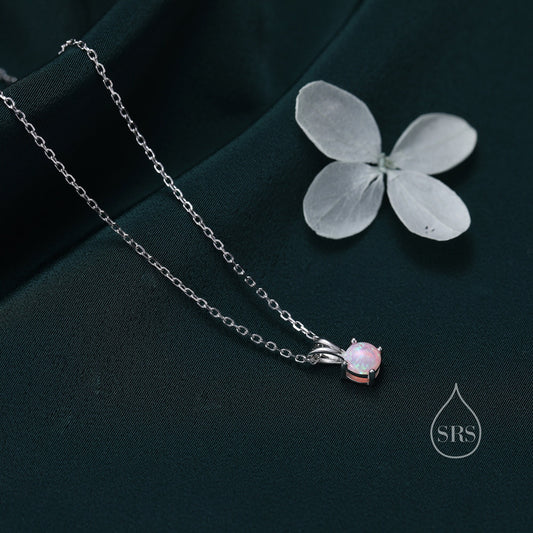 Tiny Pink Opal Pendant Necklace  in Sterling Silver, 5mm Lab Opal Necklace,  Single Opal Necklace, Fire Opal Necklace