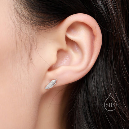 Dainty Feather Stud Earrings in Sterling Silver, Silver or Gold or Rose Gold, Tiny Silver Feather Earrings