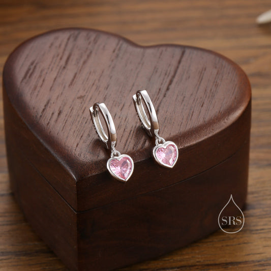 Pink CZ Heart Huggie Hoop in Sterling Silver, Silver or Gold, 8mm Inner Diameter, Stacking Earrings, October Birthstone