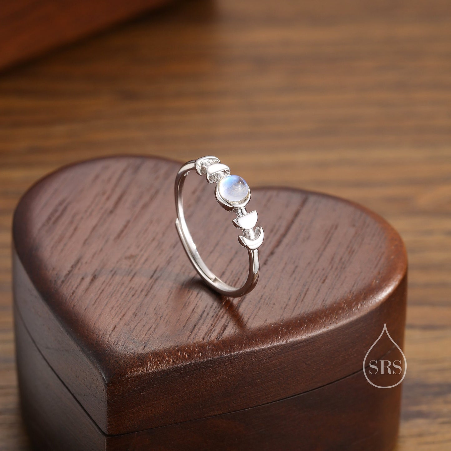 Sterling Silver Moon Phase Ring with Simulated Moonstone, Adjustable Size, Celestial Jewellery, Dainty and Delicate, Moon Ring