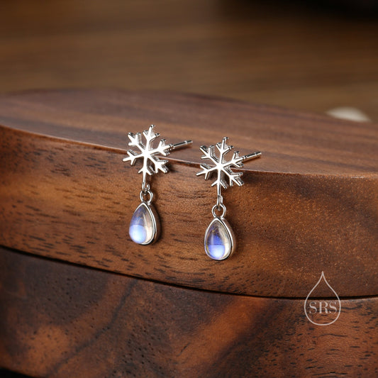 Snowflake and Moonstone Stud Earrings in Sterling Silver, Snow Earrings, Moonstone Droplet Earrings
