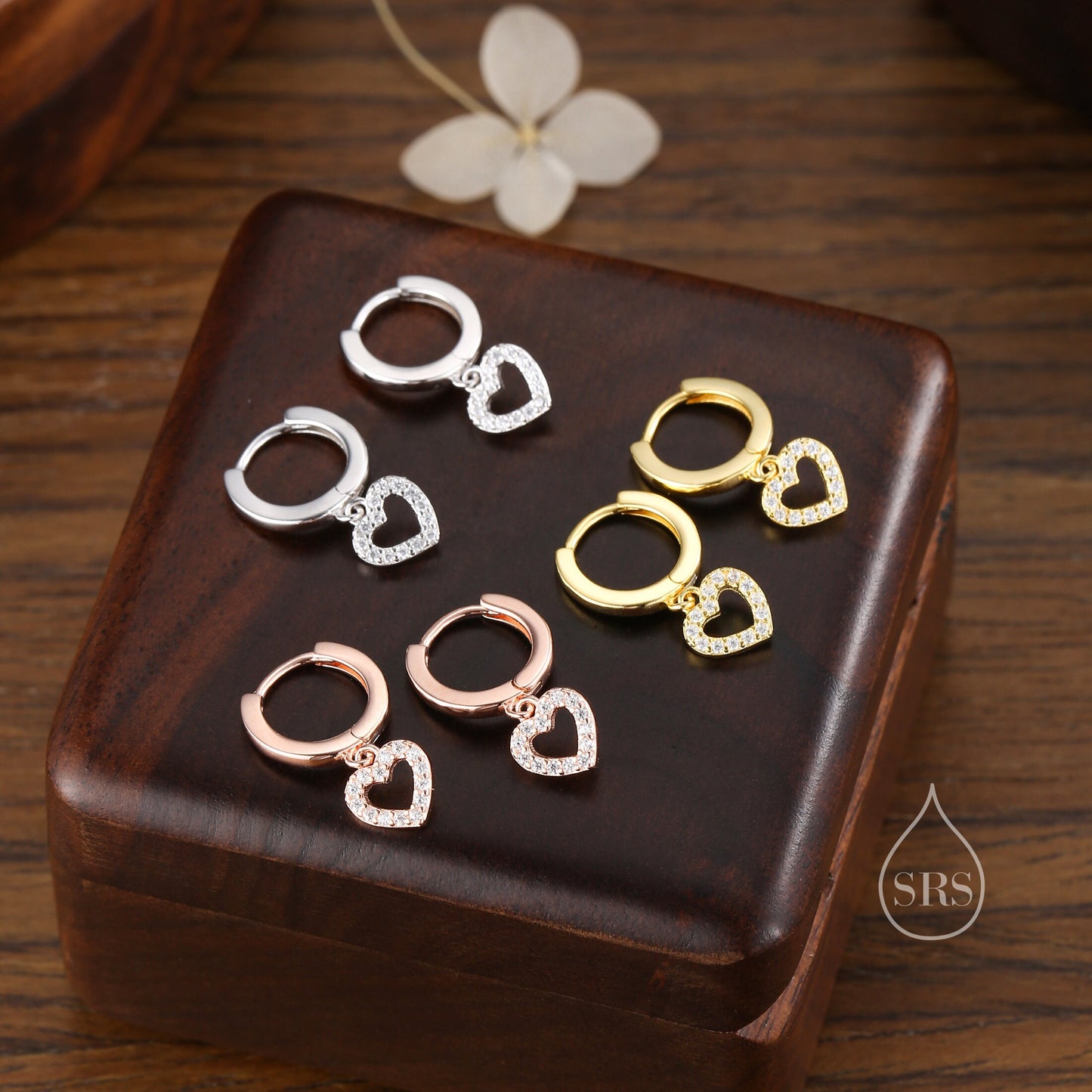 Tiny CZ Heart Dangle Huggie Hoop in Sterling Silver, Silver or Gold or Rose Gold, Skinny CZ Heart Earrings, Heart Huggie Hoops