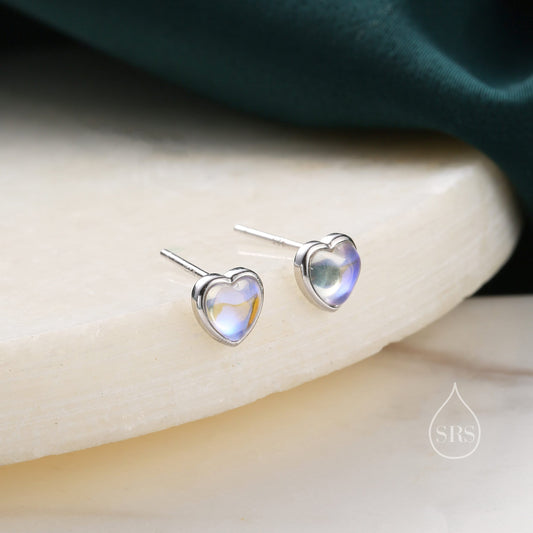 Moonstone Heart Stud Earrings in Sterling Silver, Opal Heart Earrings, Silver or Gold,  Heart Earrings, Moonstone Earrings