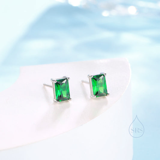 Emerald Cut Emerald Green CZ Stud Earrings in Sterling Silver, Rectangular Cut Crystal Earrings, May Birthstone
