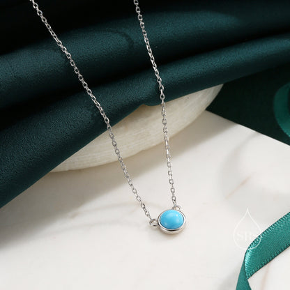 Sterling Silver Genuine Turquoise Dainty Coin Pendant Necklace - Delicate Blue Turquoise Stone Coin Necklace