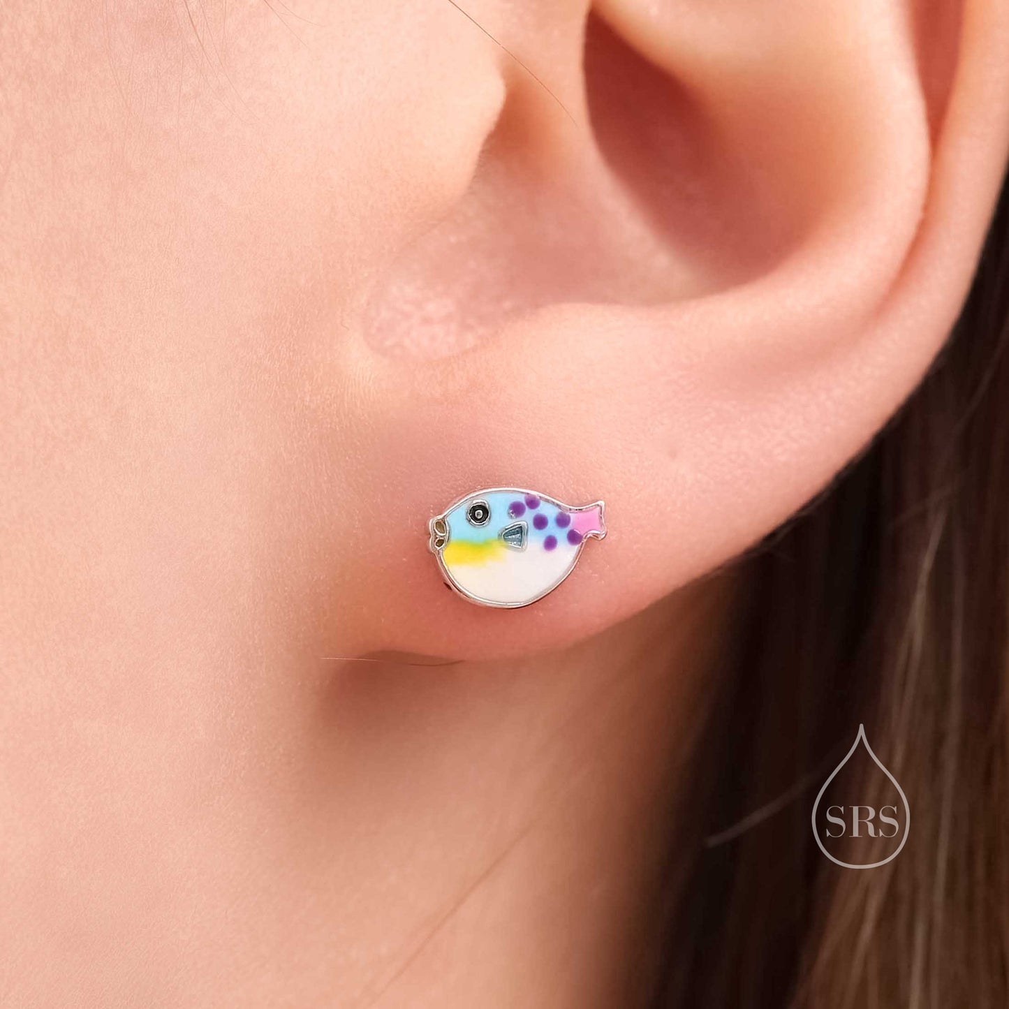 Hand Painted Enamel Puffer Fish Stud Earrings in Sterling Silver, Silver Fish Earrings, Silver Puffer Fish Earrings, Blowfish Earrings