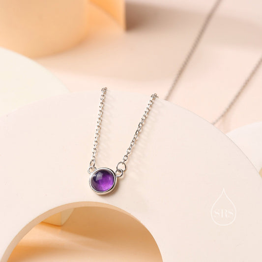 Sterling Silver Genuine Purple Amethyst Dainty Coin Pendant Necklace - Delicate Purple Amethyst Stone Coin Necklace, February Birthstone