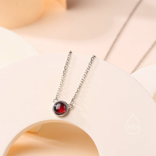 Sterling Silver Genuine Garnet Dainty Coin Pendant Necklace - Delicate Garnet Stone Coin Necklace, January Birthstone
