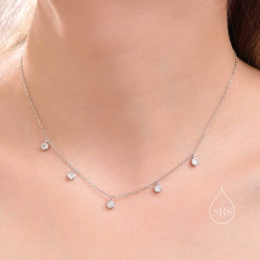 CZ Crystal Charm Necklace in Sterling Silver, Silver or Gold, Satellite Crystal Necklace, Solid Silver Necklace