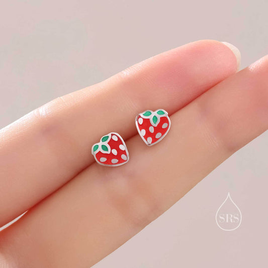 Enamel Strawberry Stud Earrings in Sterling Silver, Hand Painted Enamel, Sterling Silver Strawberry Earrings, Fruit Earrings